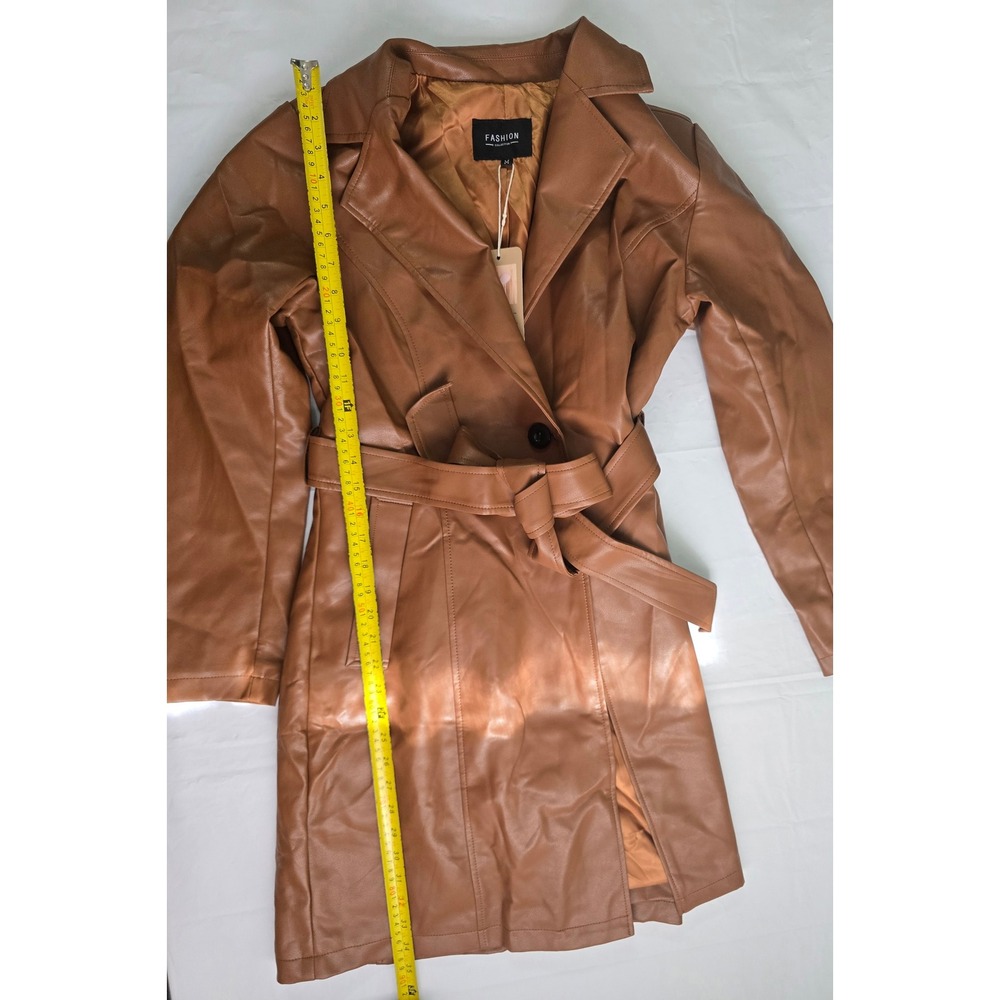 Utcoco Faux Leather Trench Coat Brown Belted Jacket Size M NEW - Picture 8 of 16